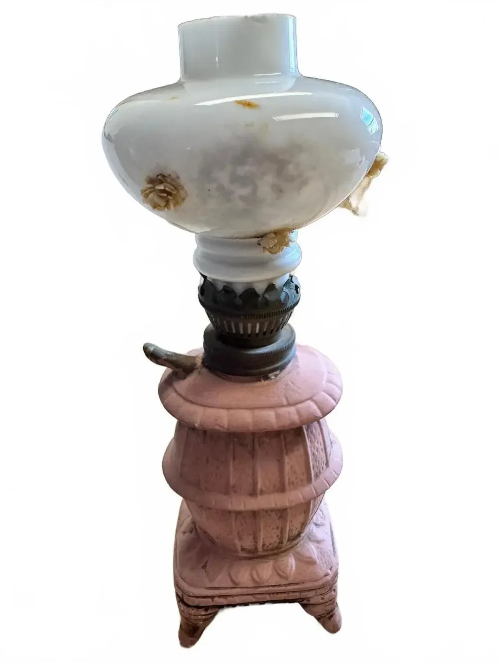 Vintage Potbelly Stove Ceramic Oil Lamp White Milk Glass Shade